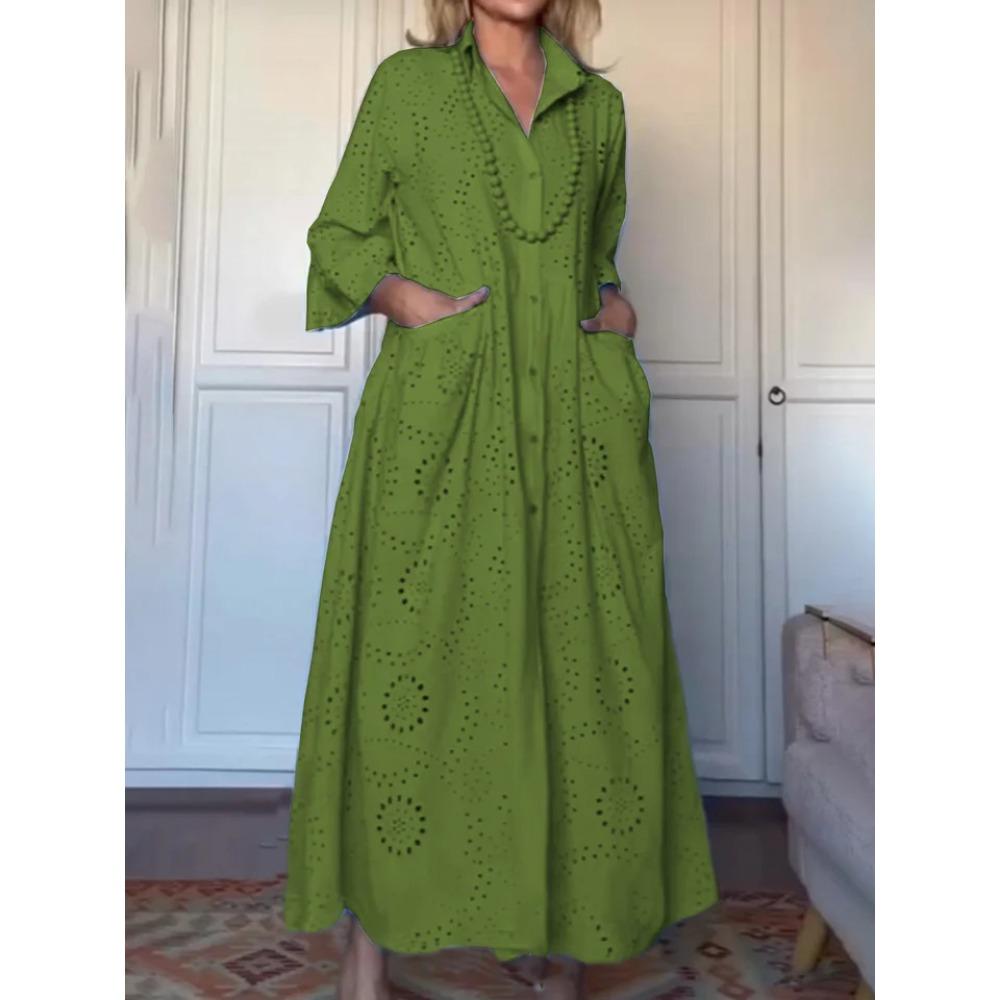 Spring and Autumn Solid-color Shirt Collar Loose Embroidered Cutout Large-sized Shirt Dress