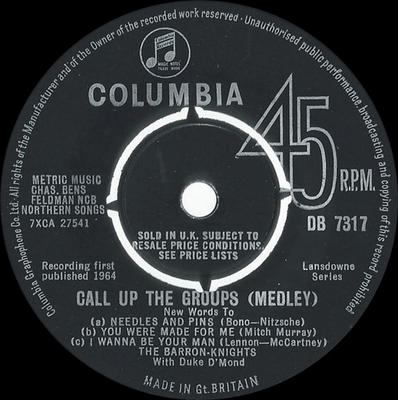 Disque 7 pouces BARRON KNIGHTS, DUKE D'MOND - Appelez les groupes (Mélange) DB7317 Columbia 1964 Royaume-Uni Pop Occasion