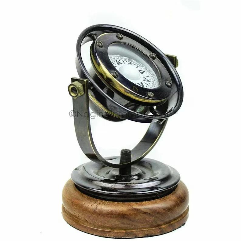 Antique brass vintage nautical binnacle gimballed black compass wooden base home