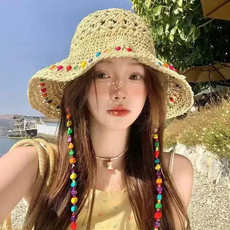 New Small Fresh Lace Straw Hat Sunshade, Summer Sunscreen Travel Big Brim Bucket Hat Hollow