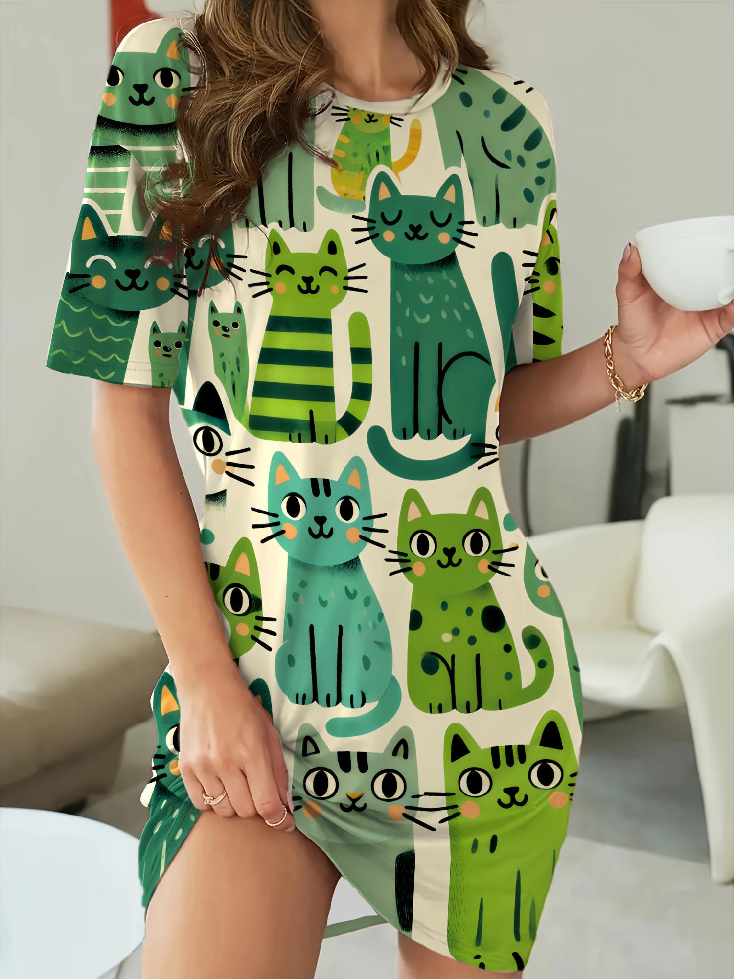 

Women S Cute Cat Print Nightgown - Green ; Animal Print Sleep Dress with Round Neck. All-Season Comfort. Soft Fabric for Cozy Nightwear ; Casual Loung 3XL дубильна кора