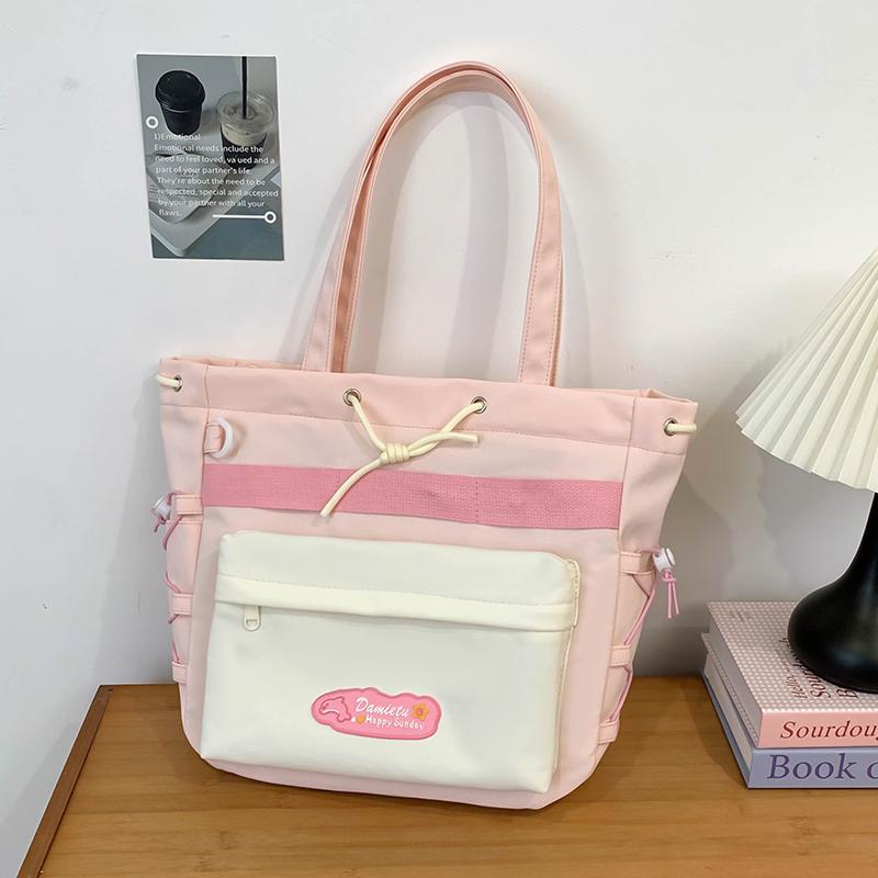 Student Class Shoulder Bag Girls Nylon Bag Color Contrast Large Capacity Tote Bag