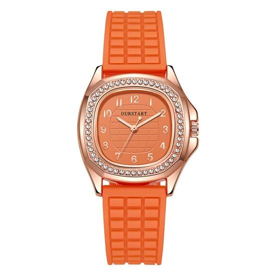 

Женские повседневные часы со стразами и квадратным циферблатом, силиконовый ремешок, кварцевый механизм, элегантное женское платье для девочек, наручные часы, модные украшения, подарок на день рождения оранжевый