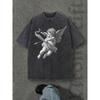 Washed Cotton Vintage Angel Print T-Shirt Retro Cherub Graphic Tee Loose Short Sleeve for Streetwear Daily Wear