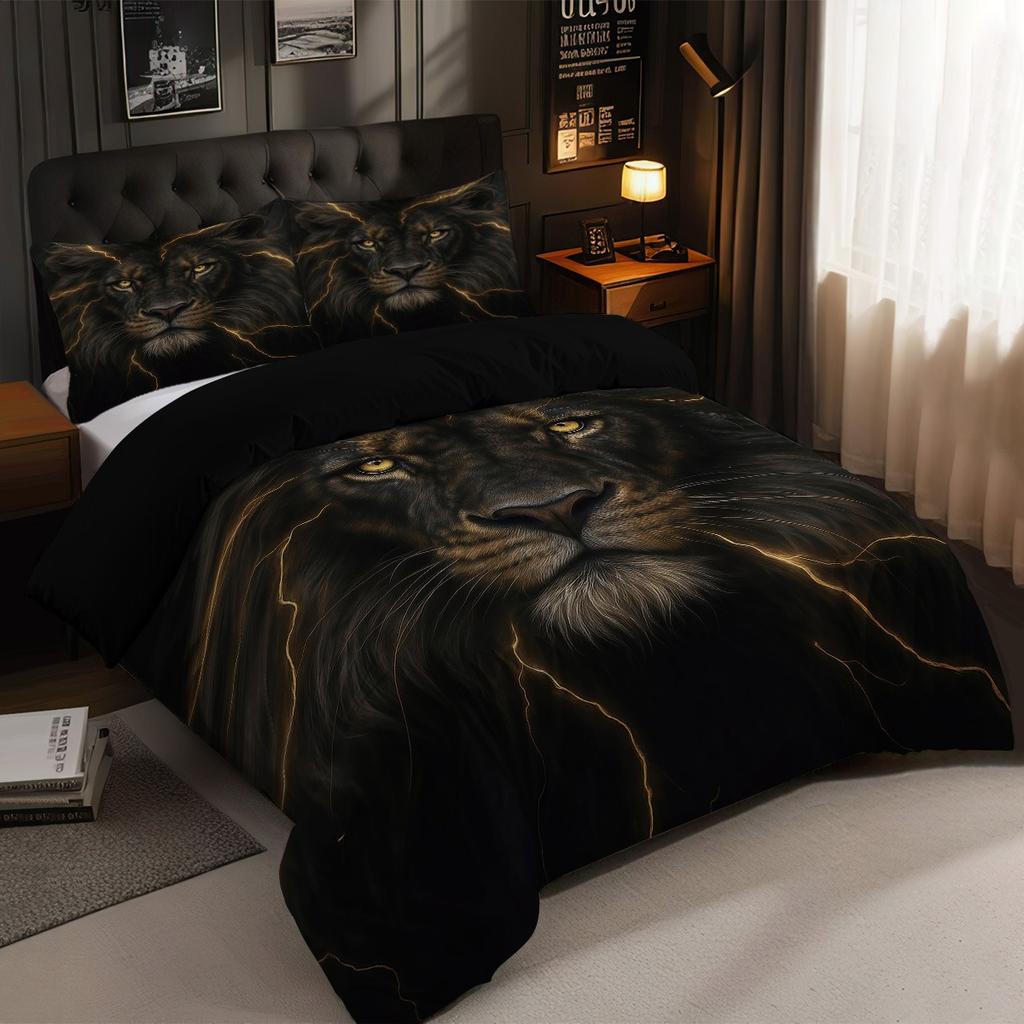 Conjunto de Cama Leão 3D Capa de Edredom Fronha 200x200, Capa de Edredom Estampa Animal com Zíper Fronha Decoração de Quarto, Presente para Menino