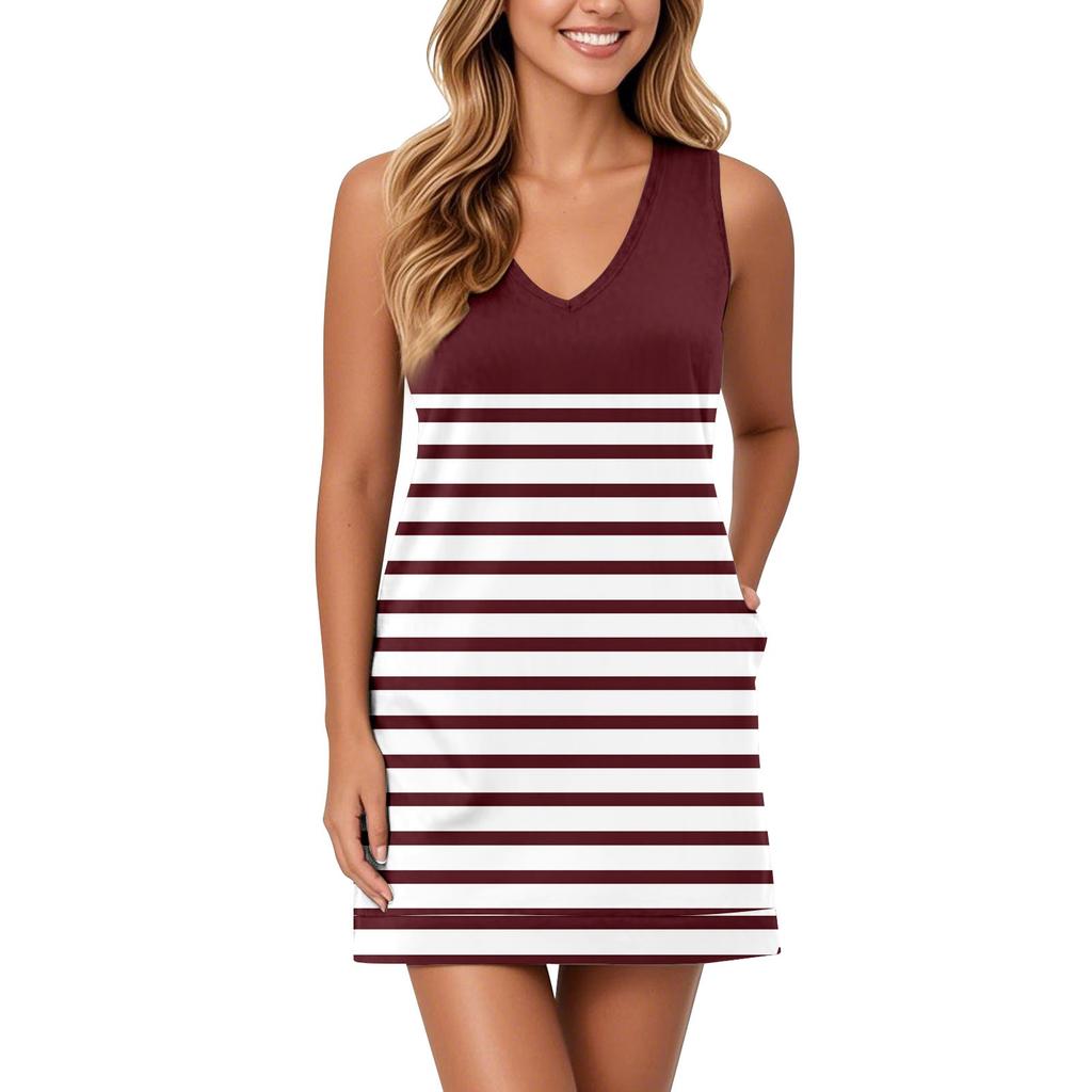 Women's V-neck Sundress Sleeveless Casual Geometric Print Dress With Pockets