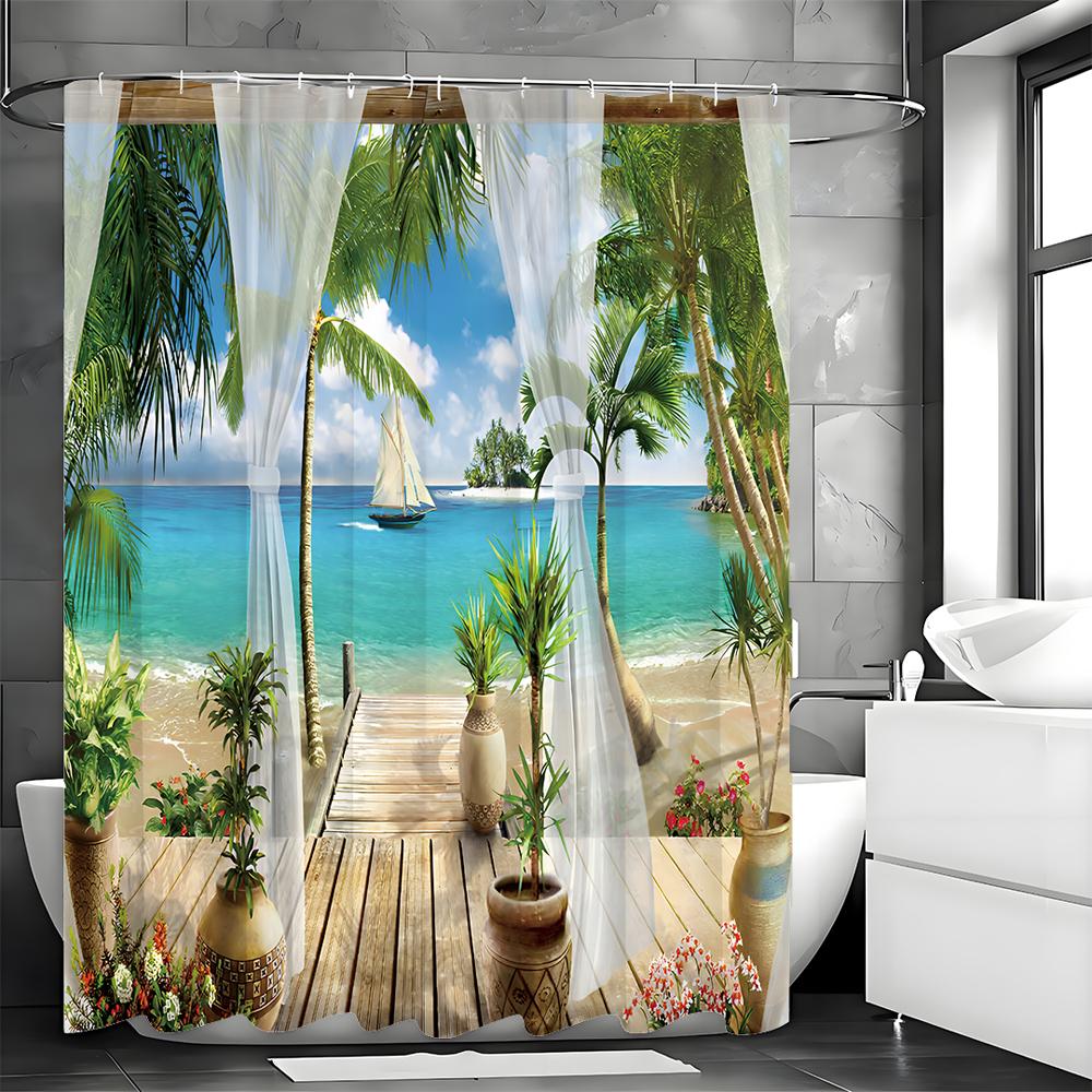 Balcony Beach Seaview Shower Curtain, Floral Ocean Palm Tree Sailboat Bathroom Decorative Shower Curtain, Waterproof Shower Curt