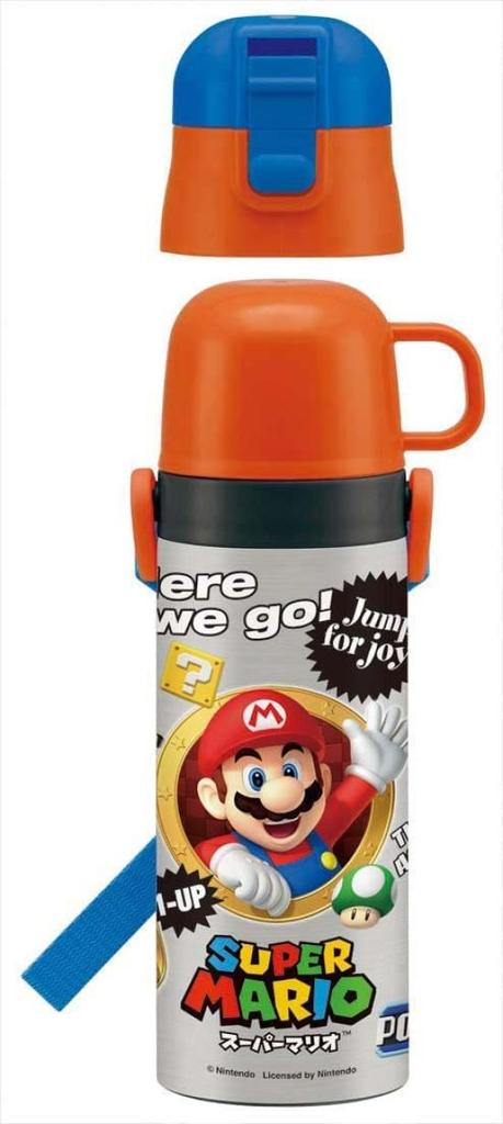 Skater SKDC4-A 2-Way Stainless Steel Water Bottle with Cup, Super Mario Design, 430ml, for Boys
