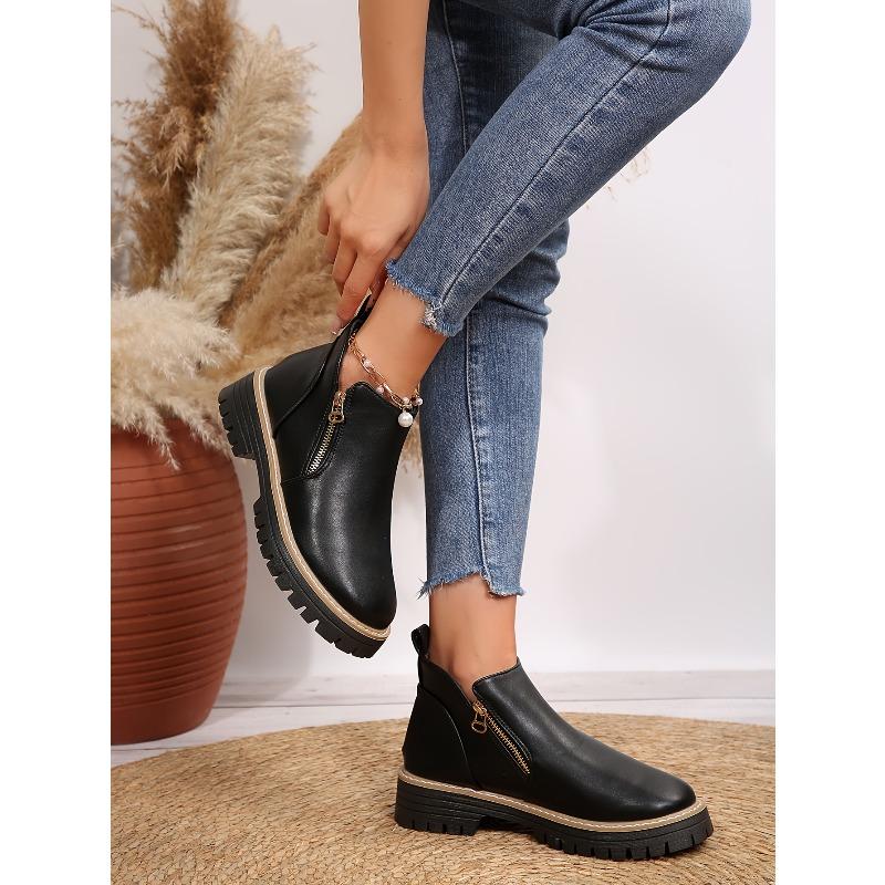 Women's Autumn/Winter New Chunky Sole Slip-Resistant Comfortable Low Heel Round Toe Side Zipper Closed Short Boots, Fashionable High-End Women's Shoes