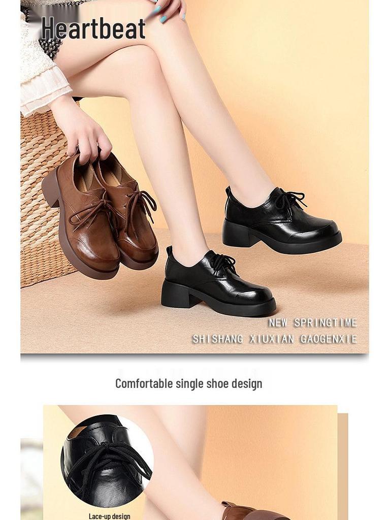 Neue Damen Echtleder Chunky Heel Schnür-Loafer - Britischer Stil, Runde Zehenpartie, Weiche Sohle, Rutschfest, Vielseitig für Frühling/Herbst