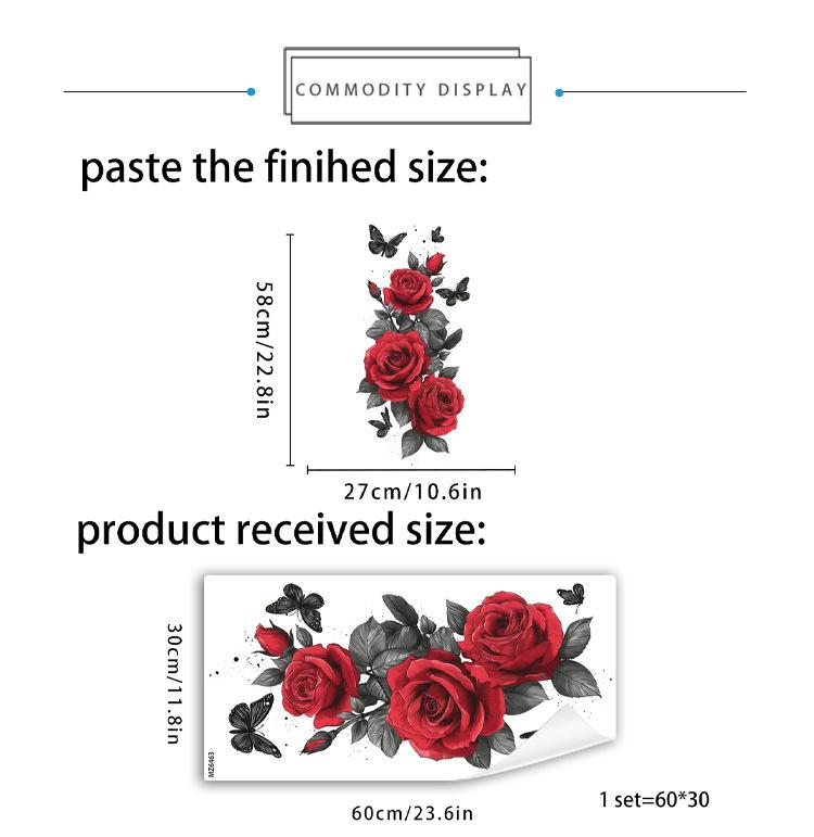 

Red Rose Black Butterfly Green Plant Self Adhesive Wall Sticker for Living Room Bedroom Rental Background Home Decor 30x60cm різнокольоровий