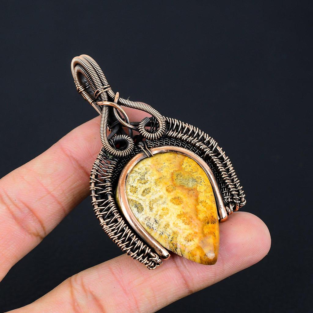 Amazing Fossil Coral Gemstone Handmade Pure Copper Wire Wrapped Pendant Jewelry