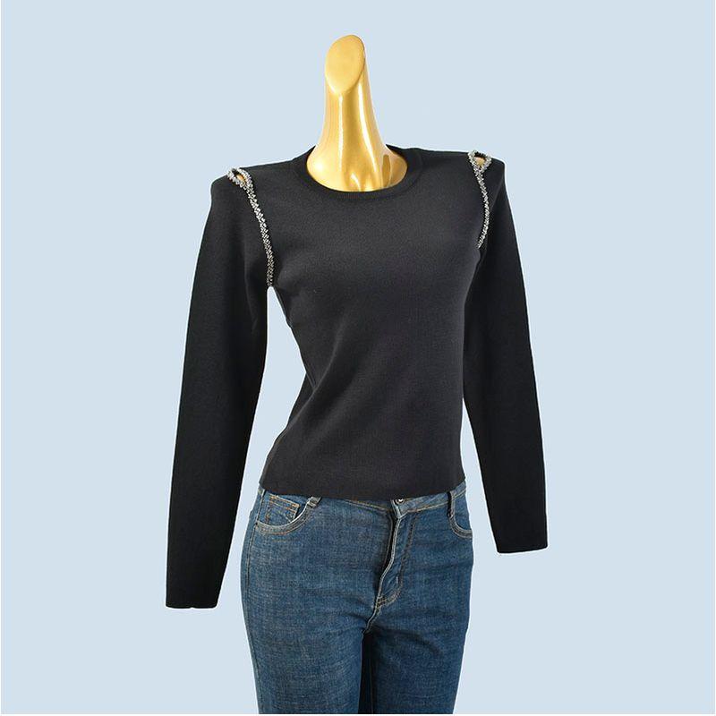 Round Neck Hand-Stitched Beads Cut Out Craft Knitting Long Sleeves Silm Bottoming Shirt Stylish Women's Clothing
