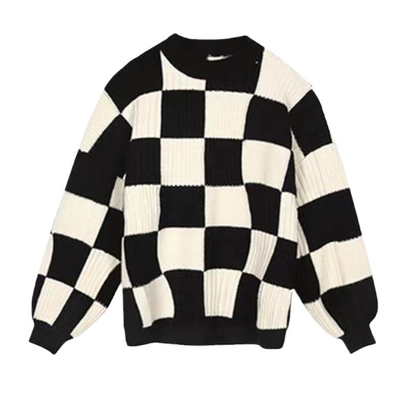 Checkerboard sweater vintage style, color-blocking, loose crew neck pullover sweater for women, autumn and winter high-end fashion