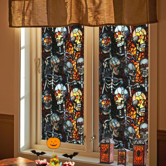 Halloween Window Sticker Stained Glass Style Witch Bats Decal Removable Pumpkins Ghosts Static Window Cling for Party Decoration