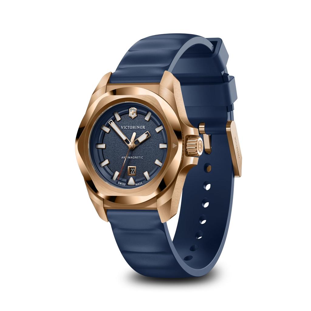 Victorinox Kleine Uhr Analog Wasserdicht Blaues Zifferblatt Blaues Kautschukarmband Roségold Edelstahlgehäuse Armbandersatz 5 Jahre Garantie Quarz Marke