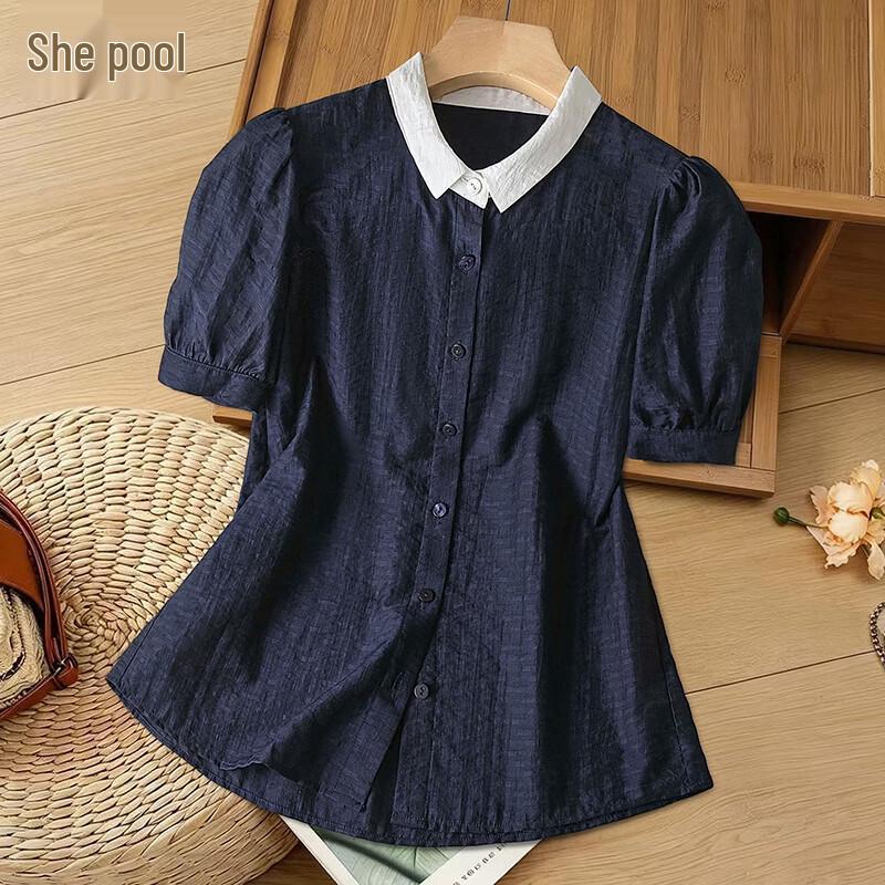 Women s Lyocell Colorblock Lapel Short-Sleeve Blouse темно-синий