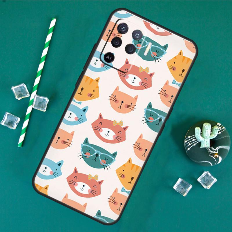 Cute Cat Pattern Kitten Case For Oppo A80 A40 A60 A16 A76 A96 A91 A15 A17 A74 A94 A54 A57S A18 A38 A58 A78 A98 Cover