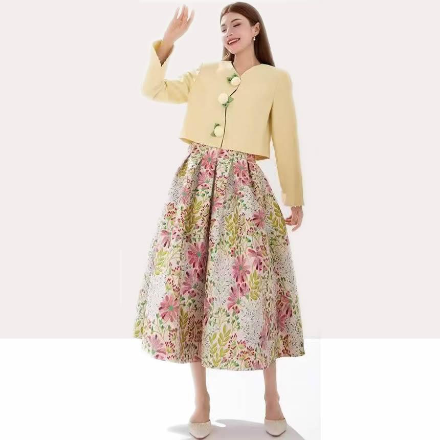 Qooth Summer Floral Skirt Calf Length Stitching Jacquard A Line Skirt Pleated Skirts QT1676