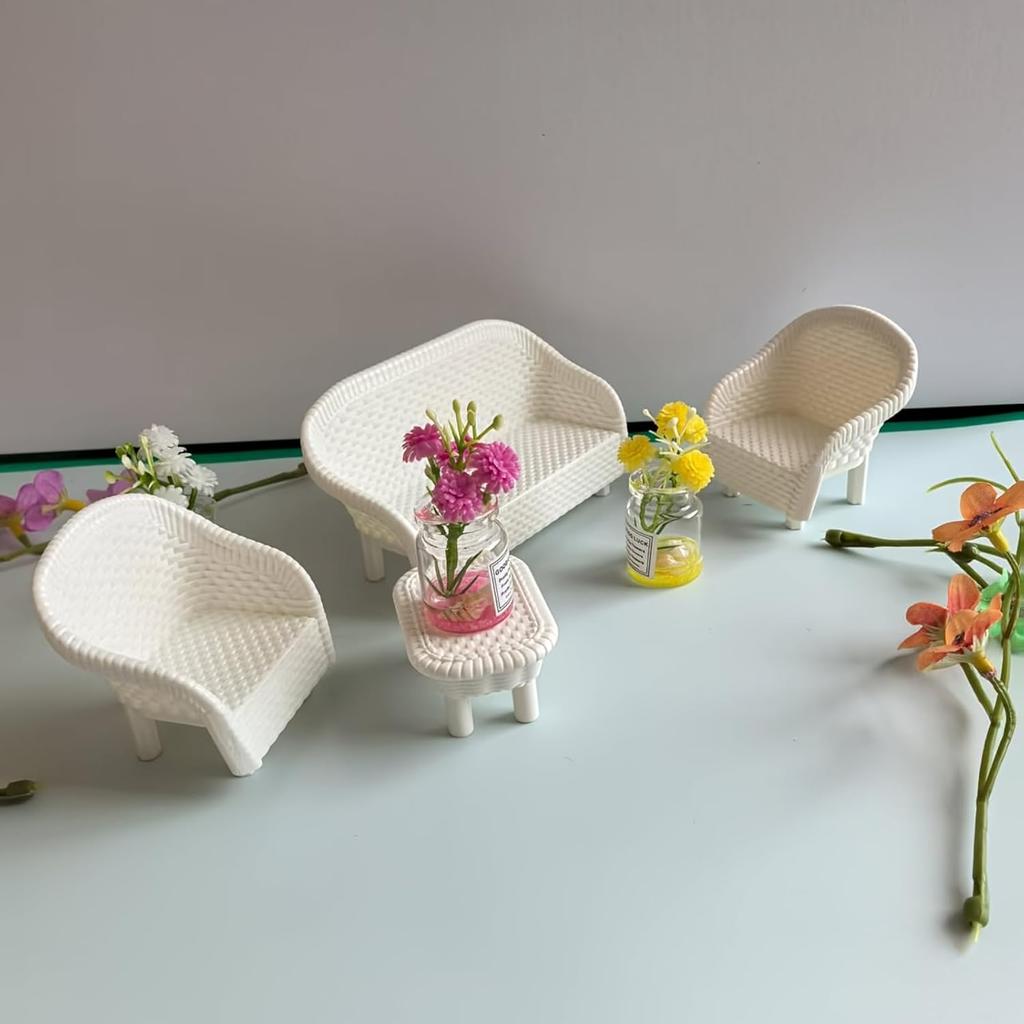 4 PCS Miniature White Wicker Tea Table & Chair Set Dollhouse Furniture Micro Landscape Props for Bedroom Fairy Garden Decor