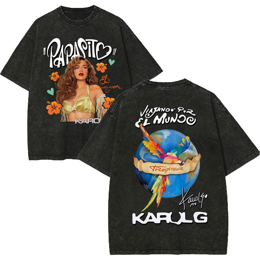 Vintage Spłowiałe Koszulki Karol G Tropicoqueta Tour 2026 Mężczyźni Kobiety Moda Pop Muzyka Koszulka Letnia Codzienna Luźna Bawełniana Koszulka