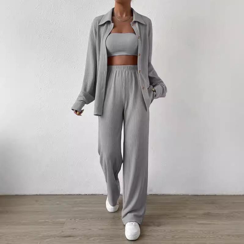 Spring & Autumn Trendy Women's Two-Piece Cardigan Set - Long Sleeve Solid Apricot