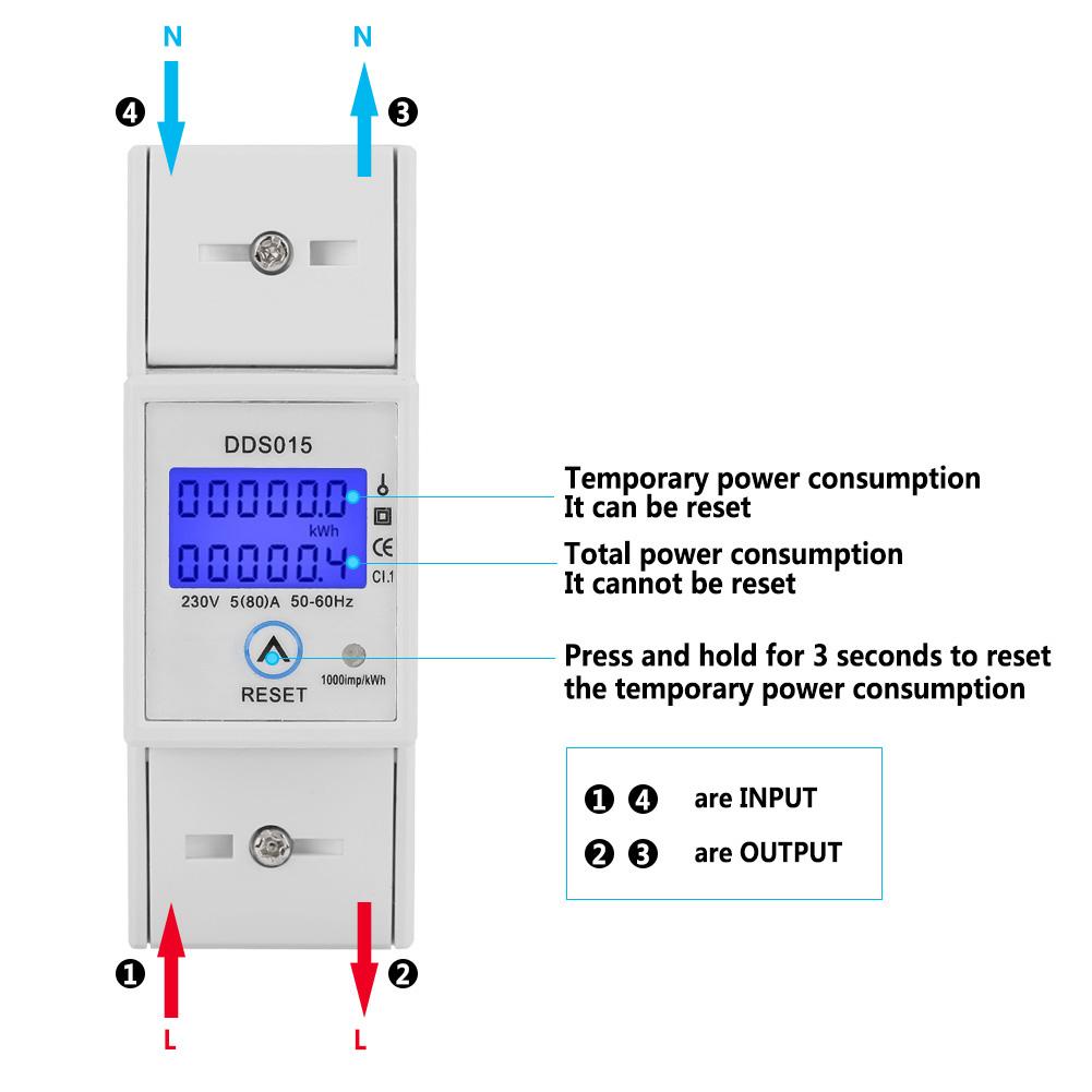 5‑80A 230V 50Hz Digital LCD Single Phase Energy Meter Watt Meter DIN Rail Mounting DDS015