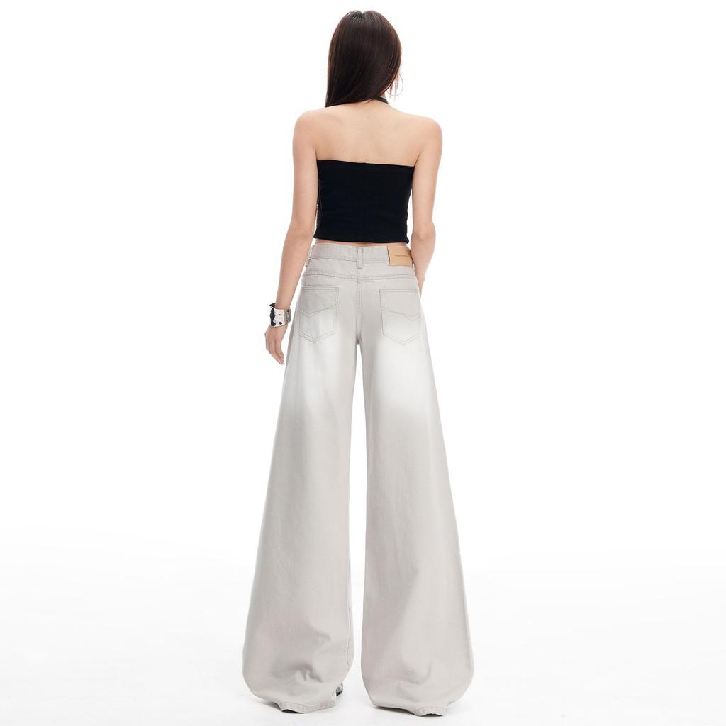Spring Summer Vintage Sandblast Washed Relaxed Gray Tone Micro Flare Comfy Casual Denim Long Pants Ladies Casual Pants Oversize Denim Trousers