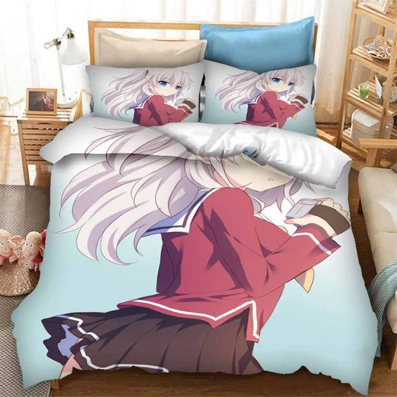 3 Stück einseitig bedruckte Bettbezüge Anime Charlotte bedruckte Bettwäsche-Sets Bequeme Tagesdecken Steppdecken Bettdecken Geburtstagsgeschenk