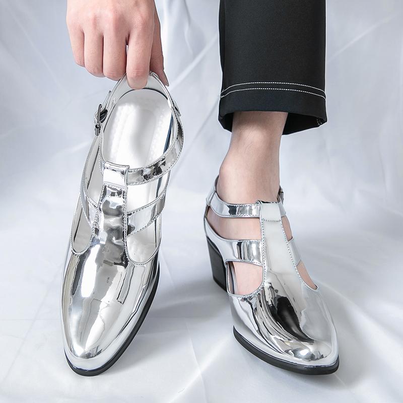 Summer Men’s Silver Sandals Mules Dance Dress Prom Shoes Gold Stylish High Heel Leather Shoes Plus Size