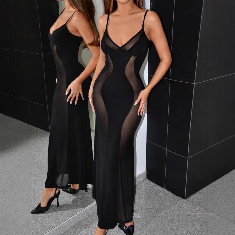 European and American summer mesh splicing solid color suspender skirt slim fit dress