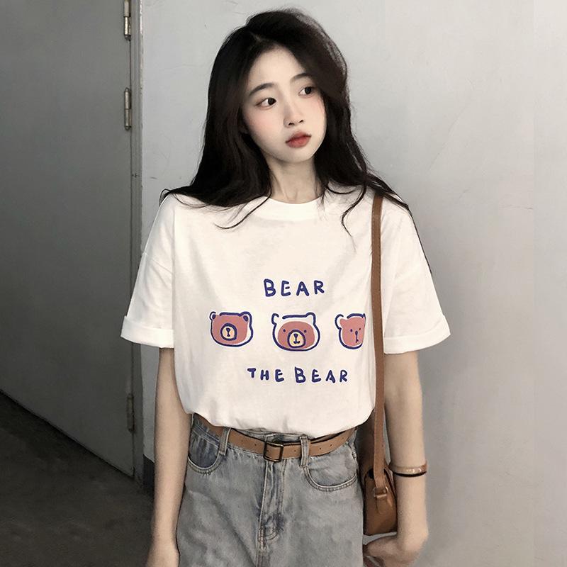 2025 Women’s Summer Korean-Style Loose Mid-Length Bear Print White T-Shirt