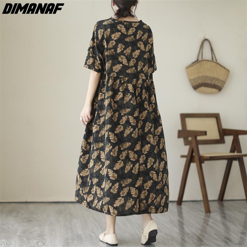 DIMANAF 2024 Plus Size Women Summer Beach Dress Vintage Lady Long Dress Loose Maxi Dress Cotton Black Printing