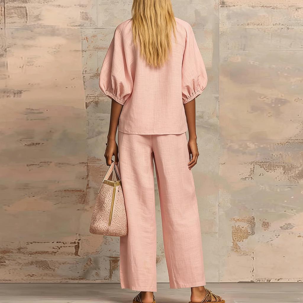 Fashionable And Sexy Women's Spring And Summer Retro Elastic Waist Strap Linen Suit Women's Fashion Color Casual Two-piece Set