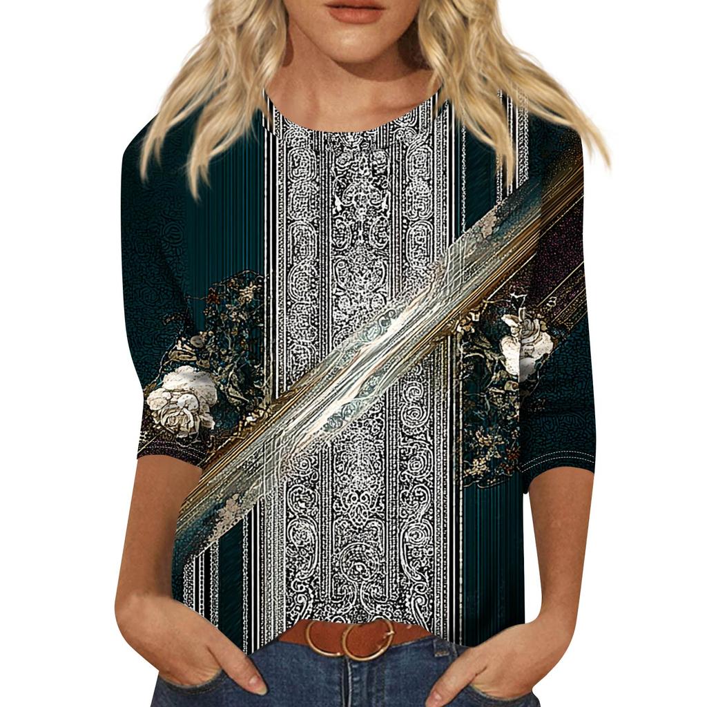 Módní vintage top s 3/4 rukávem pro ženy, dámská ležérní halenka s tříčtvrtečním rukávem a kulatým výstřihem s potiskem
