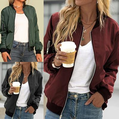 Veste minimaliste à fermeture éclair - Bomber court couleur unie à coupe décontractée, Vêtement d'extérieur de transition style français pour la superposition printanière