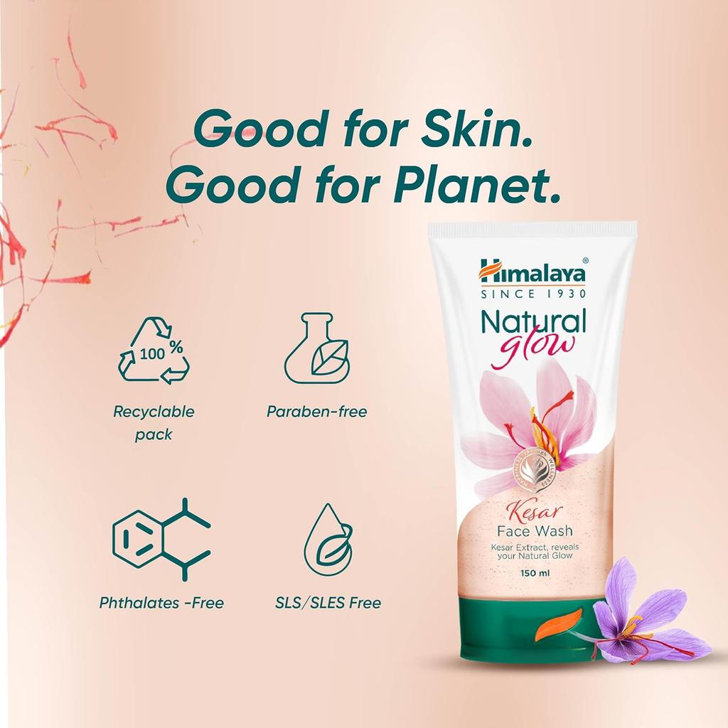 Himalaya Natural Glow Kesar Gesichtsreinigungspackung mit 2 Stück 150 ml Erfrischender Hautglanz mit Kaschmir-Safran und Minze