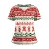 Women's Short Sleeved Christmas Printed V-neck Buttonable Side Slit Top T-shirt