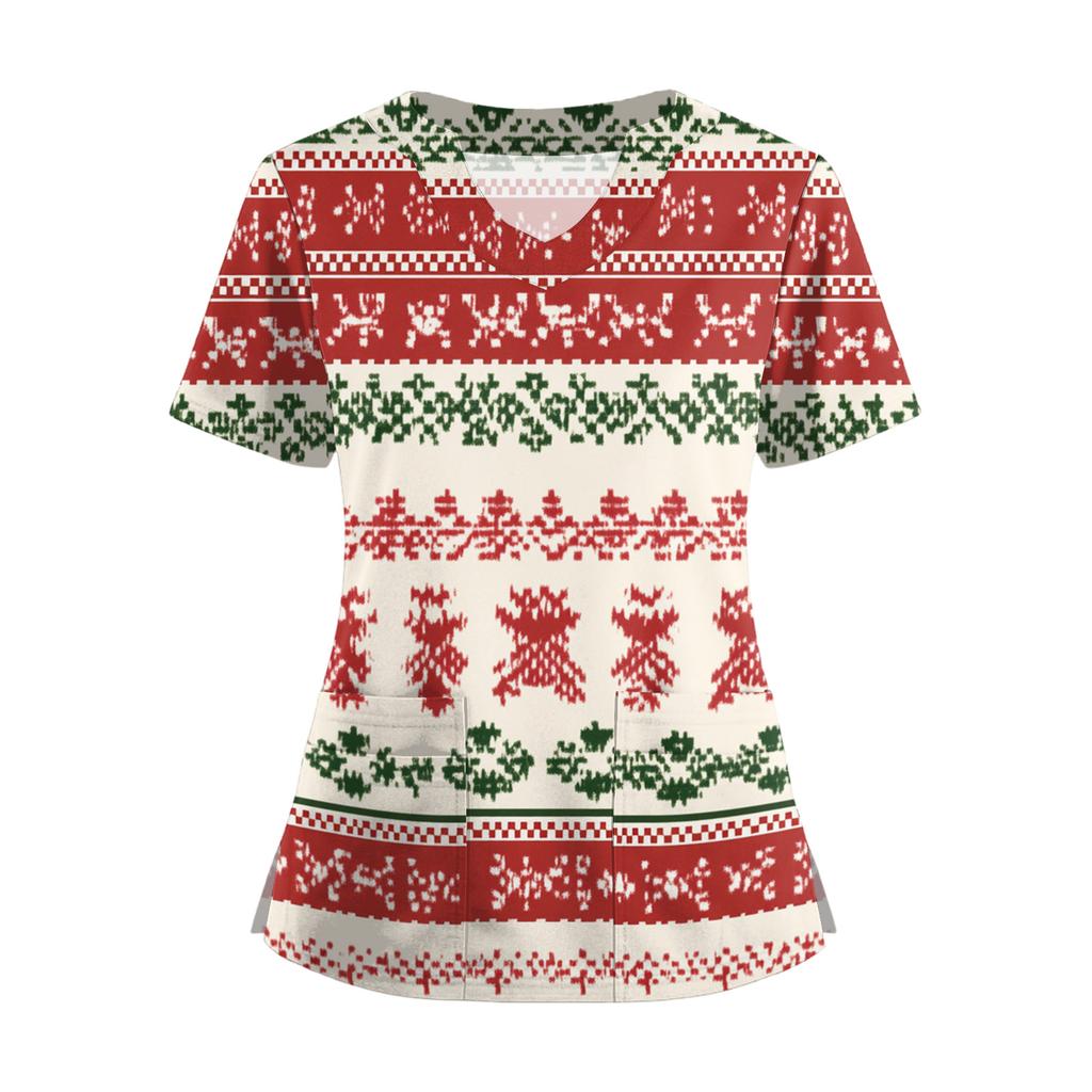 Women's Short Sleeved Christmas Printed V-neck Buttonable Side Slit Top T-shirt