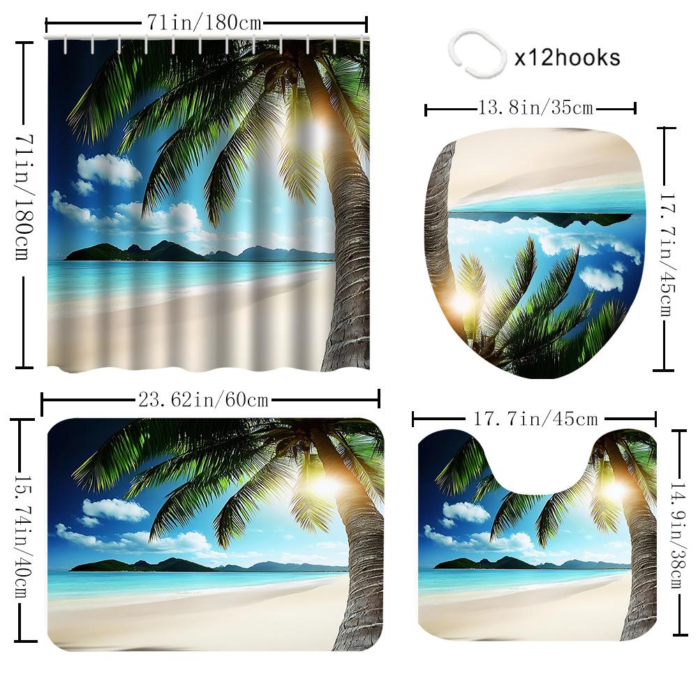 1/4 Seaside scenery shower Curtains, Toilet Seat Decoration, Shower Curtain with Carpet and Toilet Lid, 12 70.8x70.8 inch Hooks