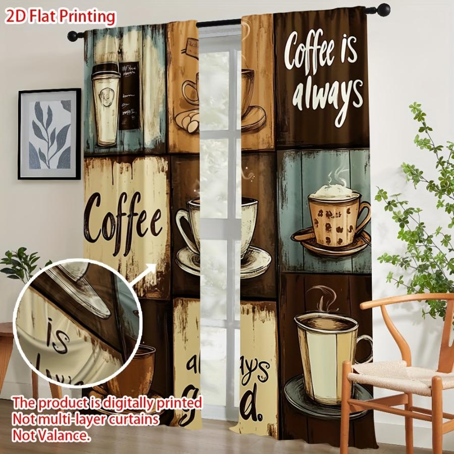 2PCS Digital Printed Curtains, Vintage Coffee Brown Pattern, Warm Cozy Retro Style for Living Room Bedroom Apartment Home Decor