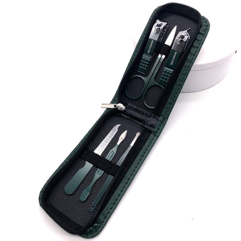 6-delers negleklippersett med skrå kant og mørkegrønn glidelåspose - Holdbare og bærbare manikyrverktøy