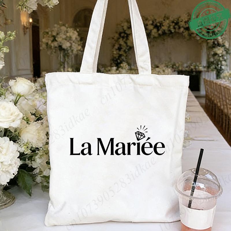 French Girl EVJF Future Bride Team Canvas Tote Bags Bachelorette Party Bridal Shower Shopping Bags with Diamond Ring Design