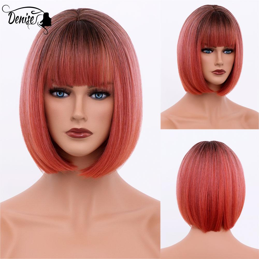 Bob Wig Straight Short Black To Blue Ombre Daily Synthetic Wigs For Women With Bangs Nutural  Heat Resistant Fiber Cosplay Hair
