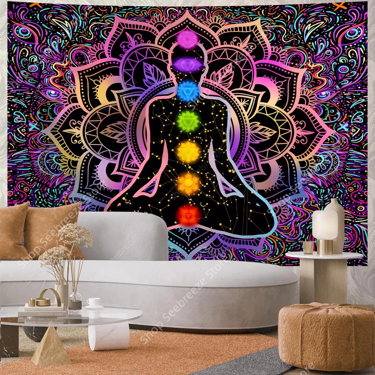 Bohemian Indian Buddha Statue Meditation Tapestry Mandala Tapestries Wall Cloth Psychedelic Yoga Chakra Spiritual Wall Hanging 100X70CM