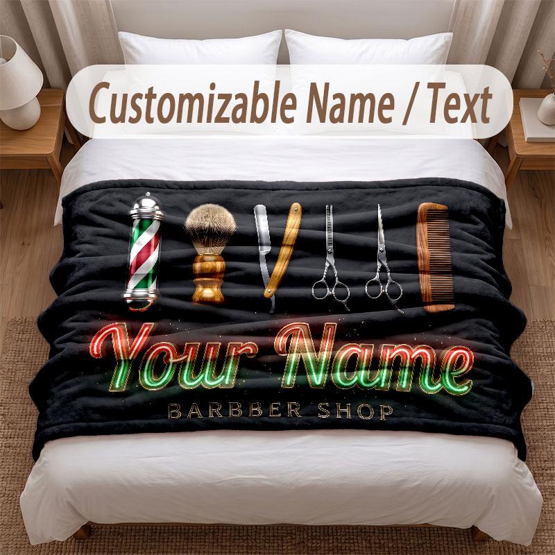Barber Salon Theme Soft Blanket Personalized Custom Name Text Print Warm Blanket Home Sofa Bedroom Decor
