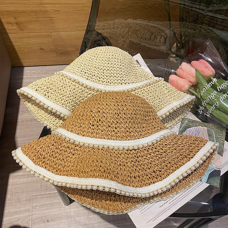 Pearl straw hat summer travel sunscreen sunshade bucket hat new straw seaside vacation net red hat