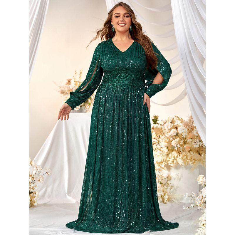 

Hot-Selling Plus-Size Evening Dress with Sequins, V-Neck, Slit, Long Sleeves, Ball Gown, Floor-Length Dress - Fmgn313 Dark Green XL