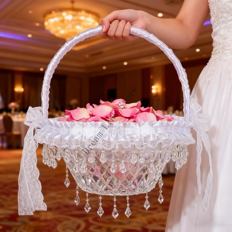 Multi Purpose White Decorative Basket For Flower Girls Lightweight Fabric And Portable Handheld Basket Decoration