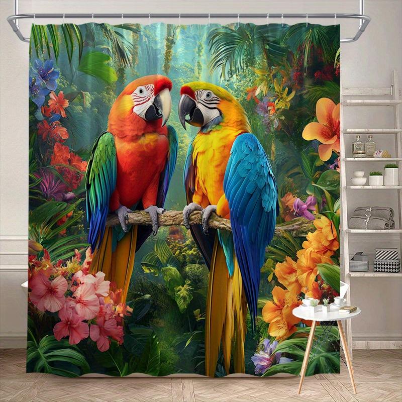 

Vibrant Tropical Macaw Shower Curtain with Colorful Parrot Design Amidst Exotic Flowers & Lush Foliage, Durable Polyester Fabric 90X180CM